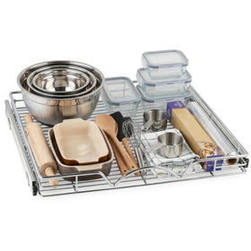 HOLDN' STORAGE pull-out cabinet organizer in chrome finish for easy pantry access.