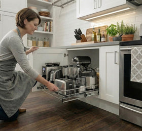 HOLDN’ STORAGE pull-out drawer closed demonstrating tidy cabinet organization.
