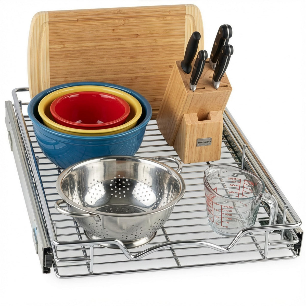HOLDN’ STORAGE pull-out drawer open showing easy access to spices and cookware.