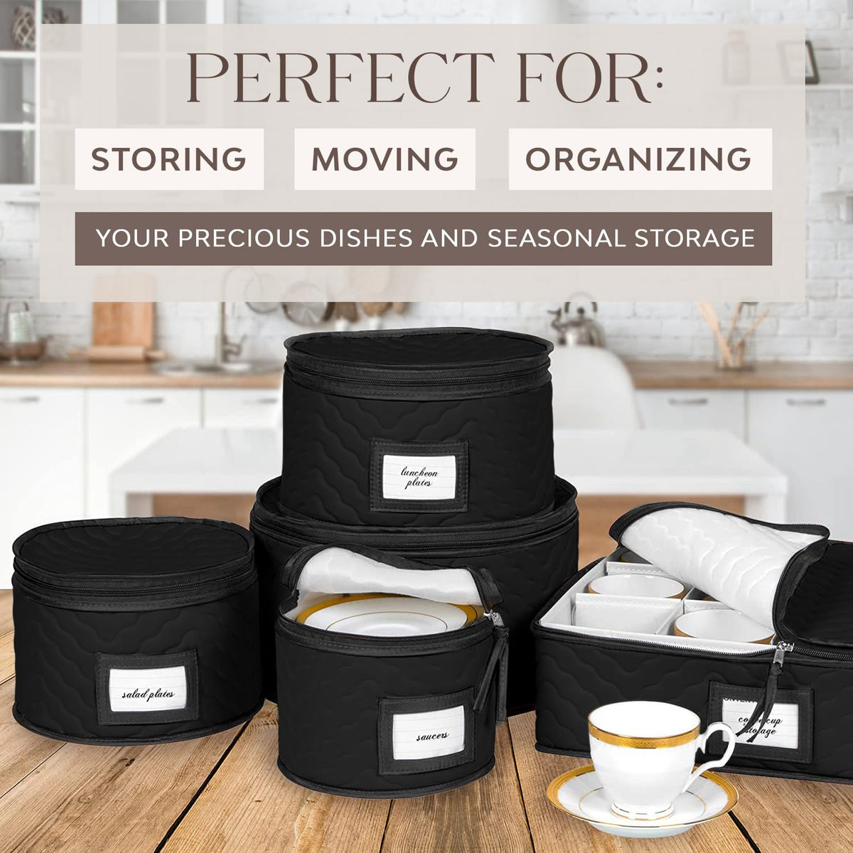 Quilted microfiber dinnerware case with soft dividers protecting plates and cups.