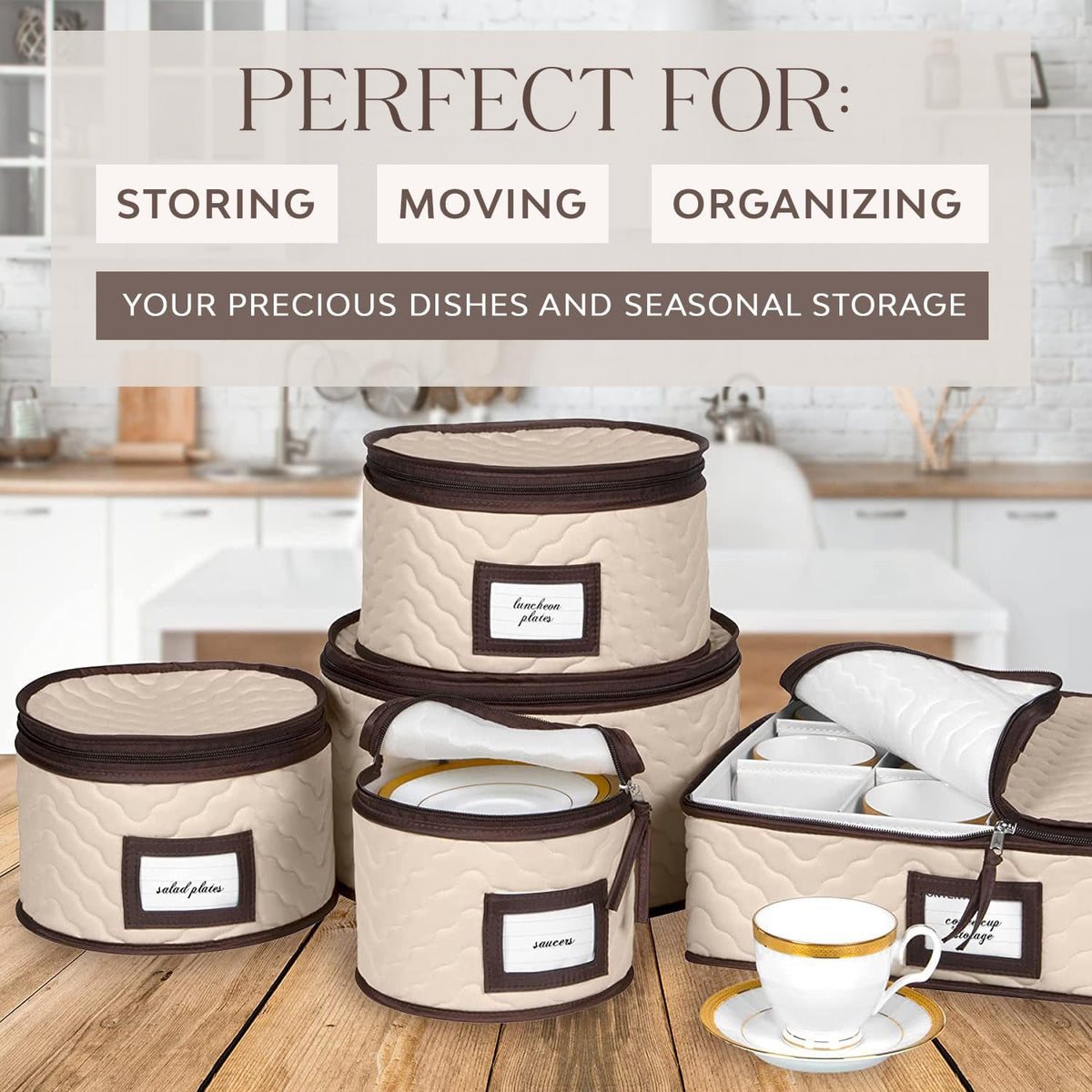 Holdn Storage quilted microfiber dish organizer with dividers protecting dinnerware during storage