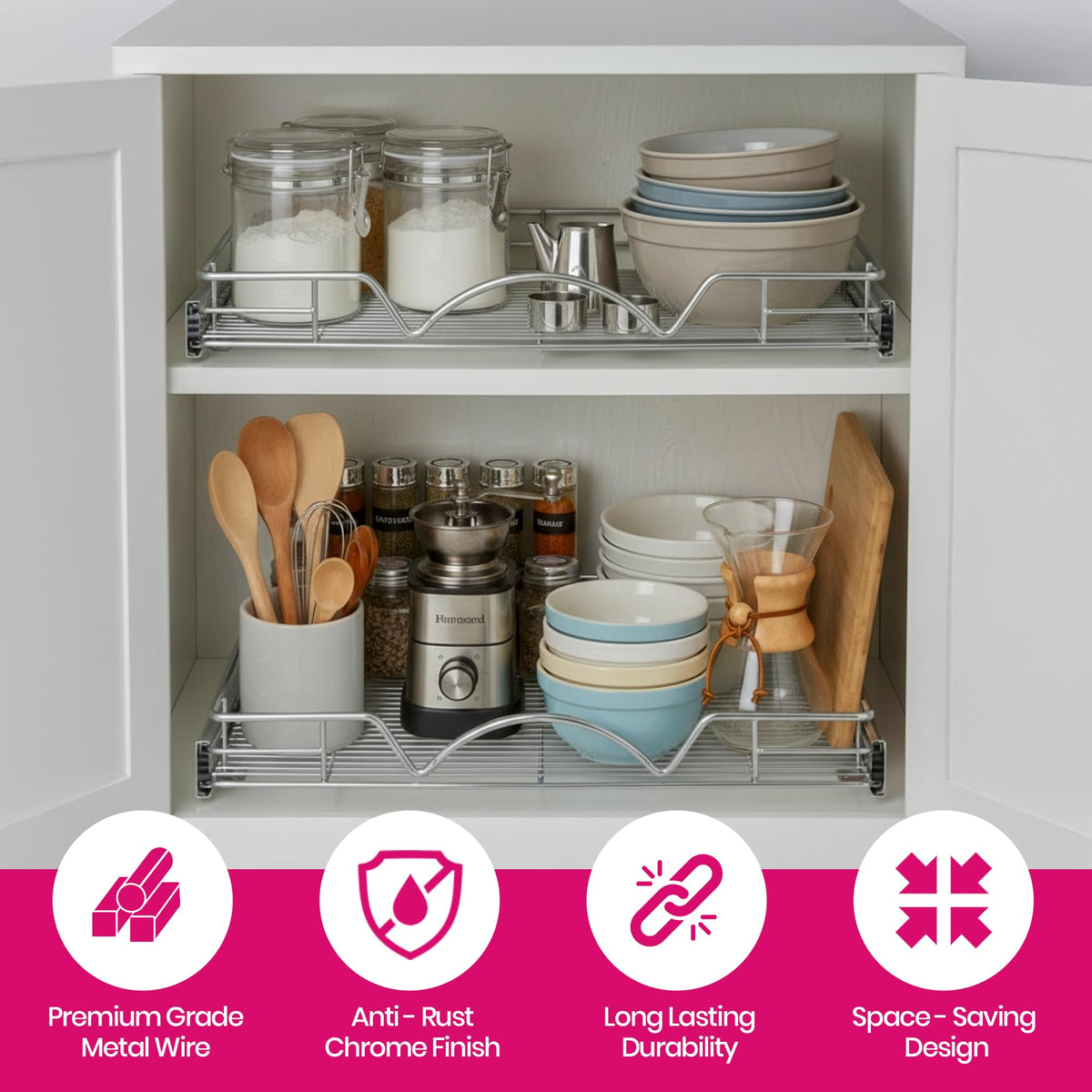 HOLDN’ STORAGE chrome shelf inserts ready for kitchen storage