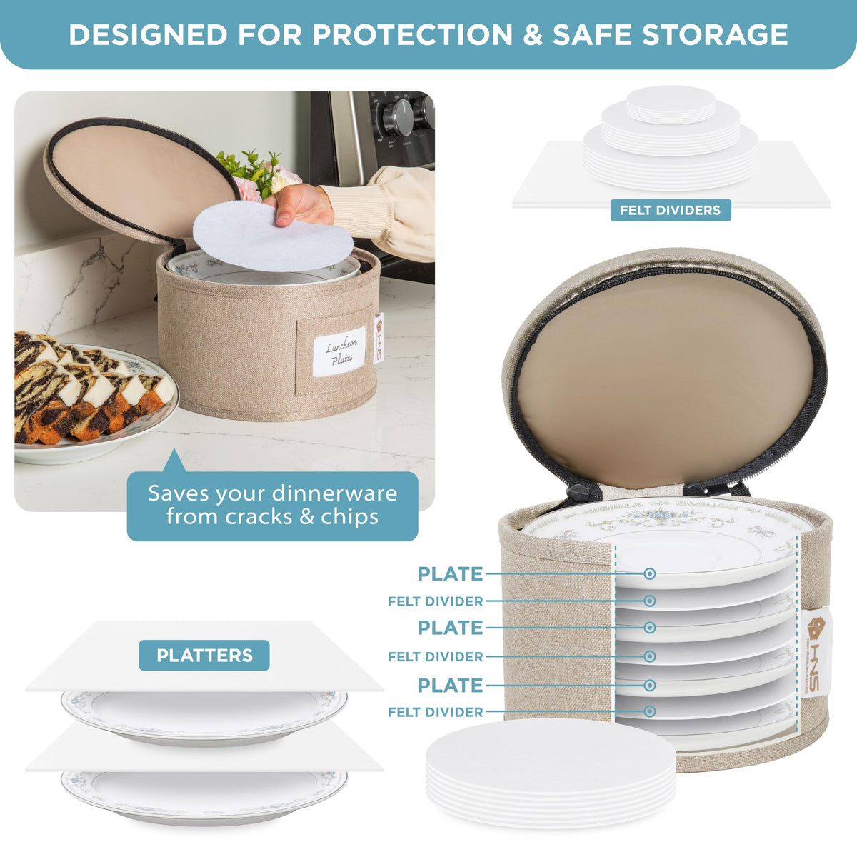 HOLDN’ STORAGE stackable design saves cabinet space while keeping pieces protected