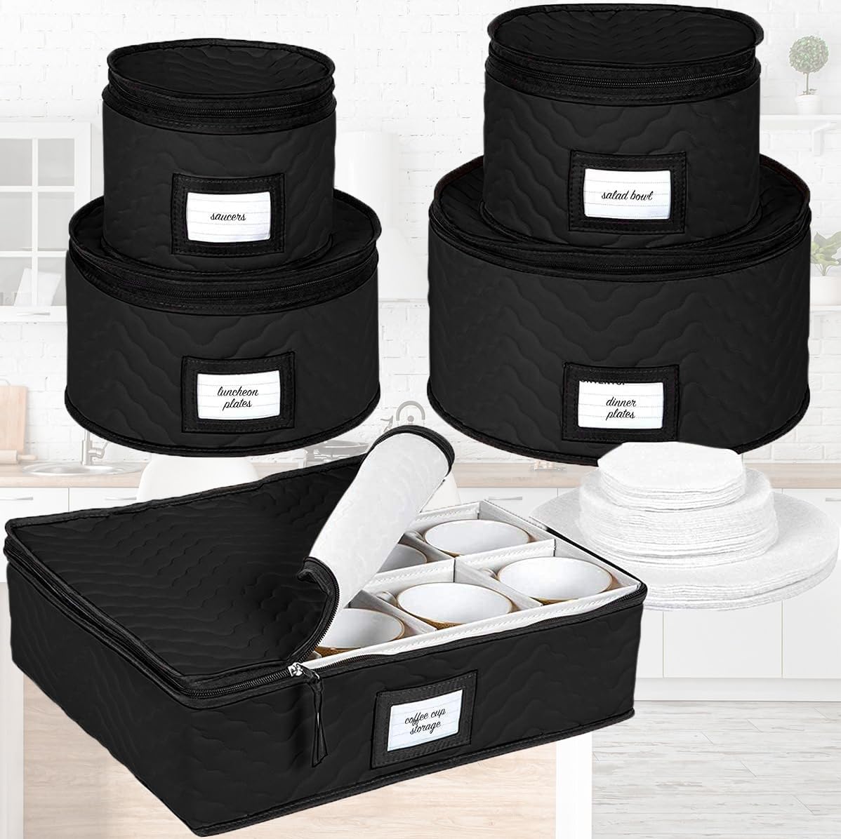 Zippered lid design ensures secure transport of china and glassware.