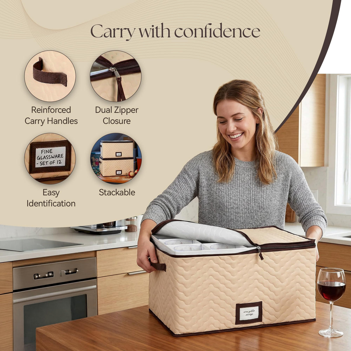 HOLDN’ STORAGE compact dimensions fit standard flutes and stemware.