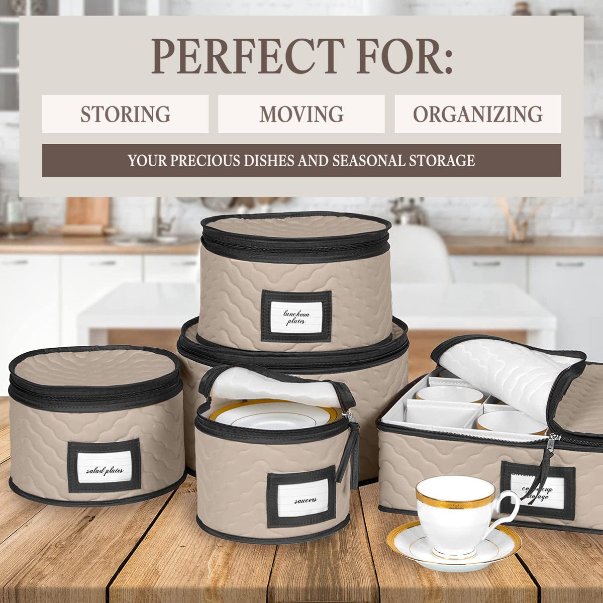 HOLDN’ STORAGE quilted microfiber dividers cushion glasses and plates inside the organizer.