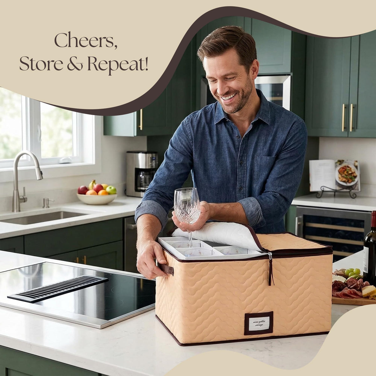 HOLDN’ STORAGE stemware storage box with 12 compartments prevents chips.