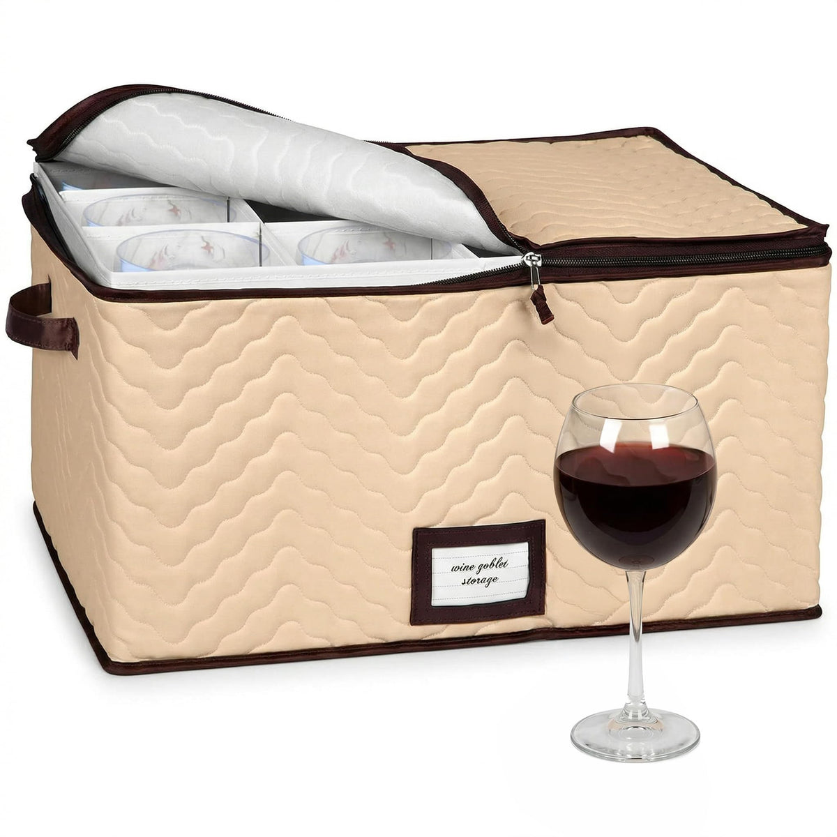 HOLDN’ STORAGE wine glass storage box with dividers keeps stemware protected.