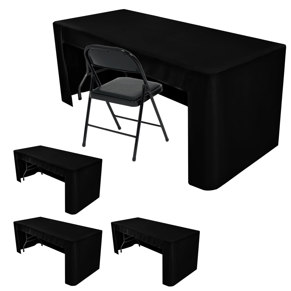 HolidayIdeas 4-Pack Open Back Tablecloths on a 6-foot table ready for a professional booth display.