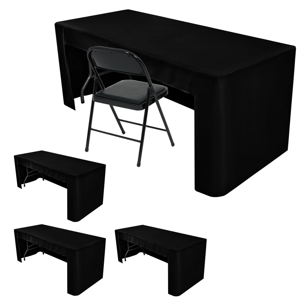 HolidayIdeas 4-Pack Open Back Tablecloths on a 6-foot table ready for a professional booth display.