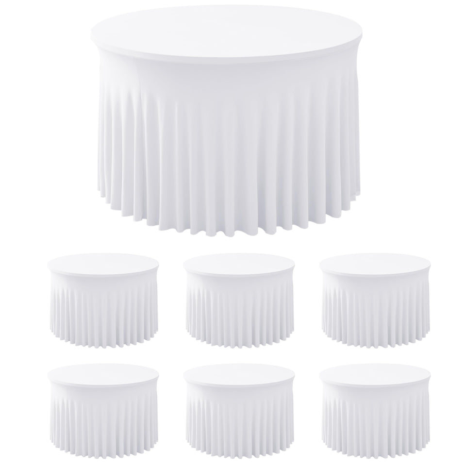 HolidayIdeas 6-pack spandex table skirt for 60-inch round tables ensures secure fit and pristine white drape.