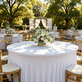 HolidayIdeas fitted stretch tablecloth for 5 ft round tables keeps surfaces tidy and professional.