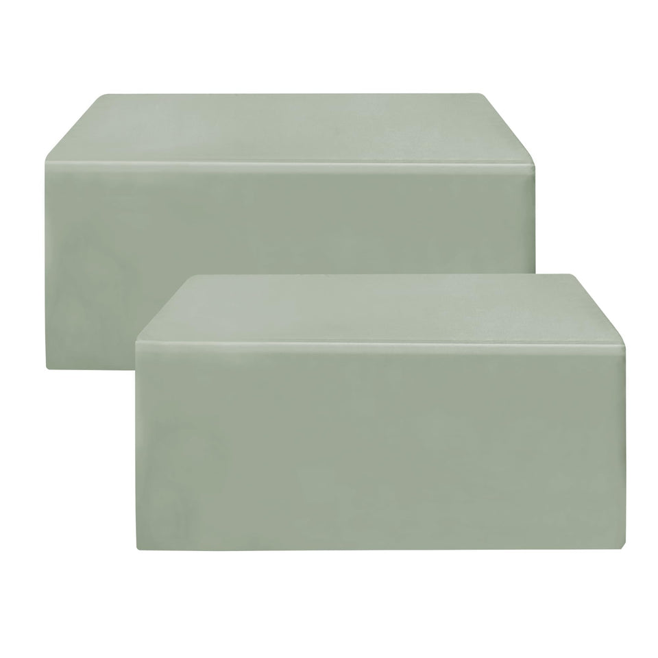 HolidayIdeas fitted table cover in sage green demonstrates clean, professional banquet presentation.