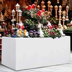 HolidayIdeas tablecloth conceals legs and cords on a 48x24 table for a neat presentation.