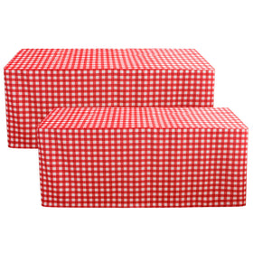 HolidayIdeas fitted buffalo plaid tablecloth on a 6ft table, two-pack setup.