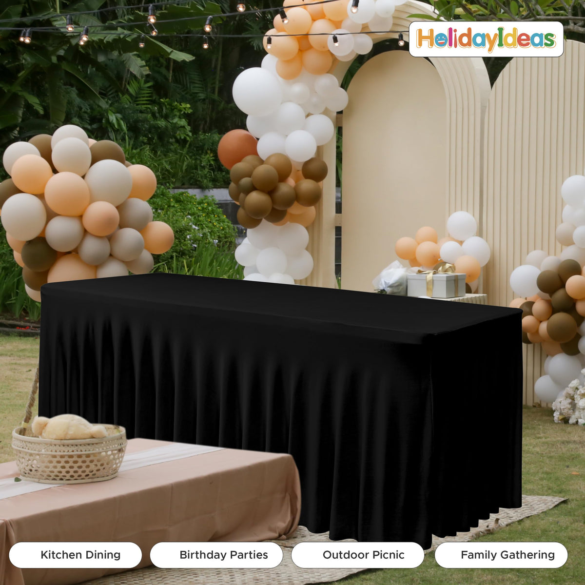 HolidayIdeas machine washable and fade resistant table skirt for reuse