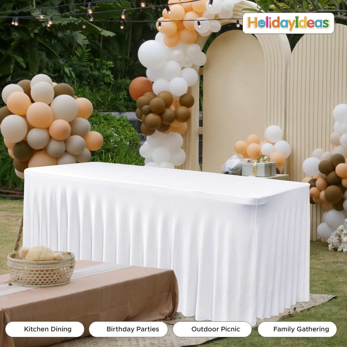 HolidayIdeas machine-washable and fade-resistant table skirts for repeated use.