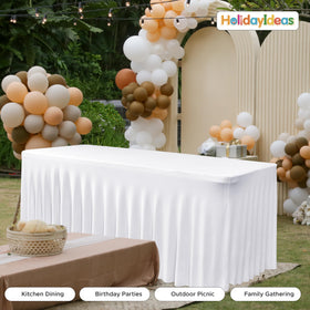 HolidayIdeas machine-washable and fade-resistant table skirts for repeated use.