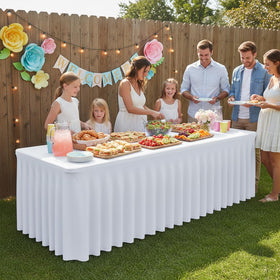 HolidayIdeas ruffle floor-length skirt hides legs for a tidy banquet presentation.