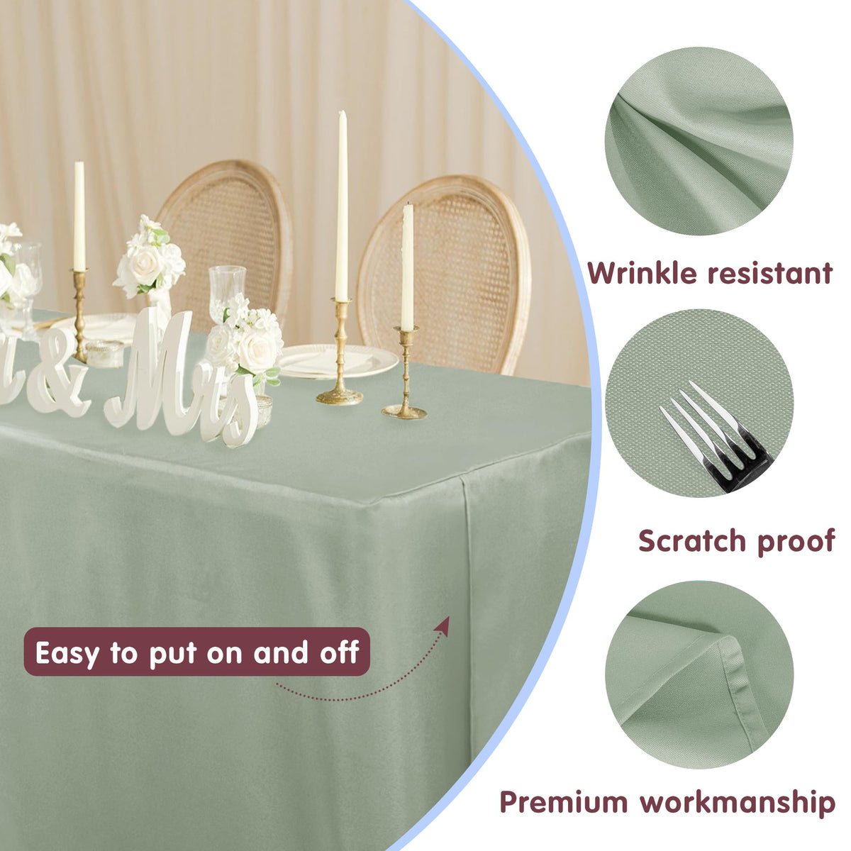 HolidayIdeas sage green rectangle table cloth on folding table, ideal for parties.