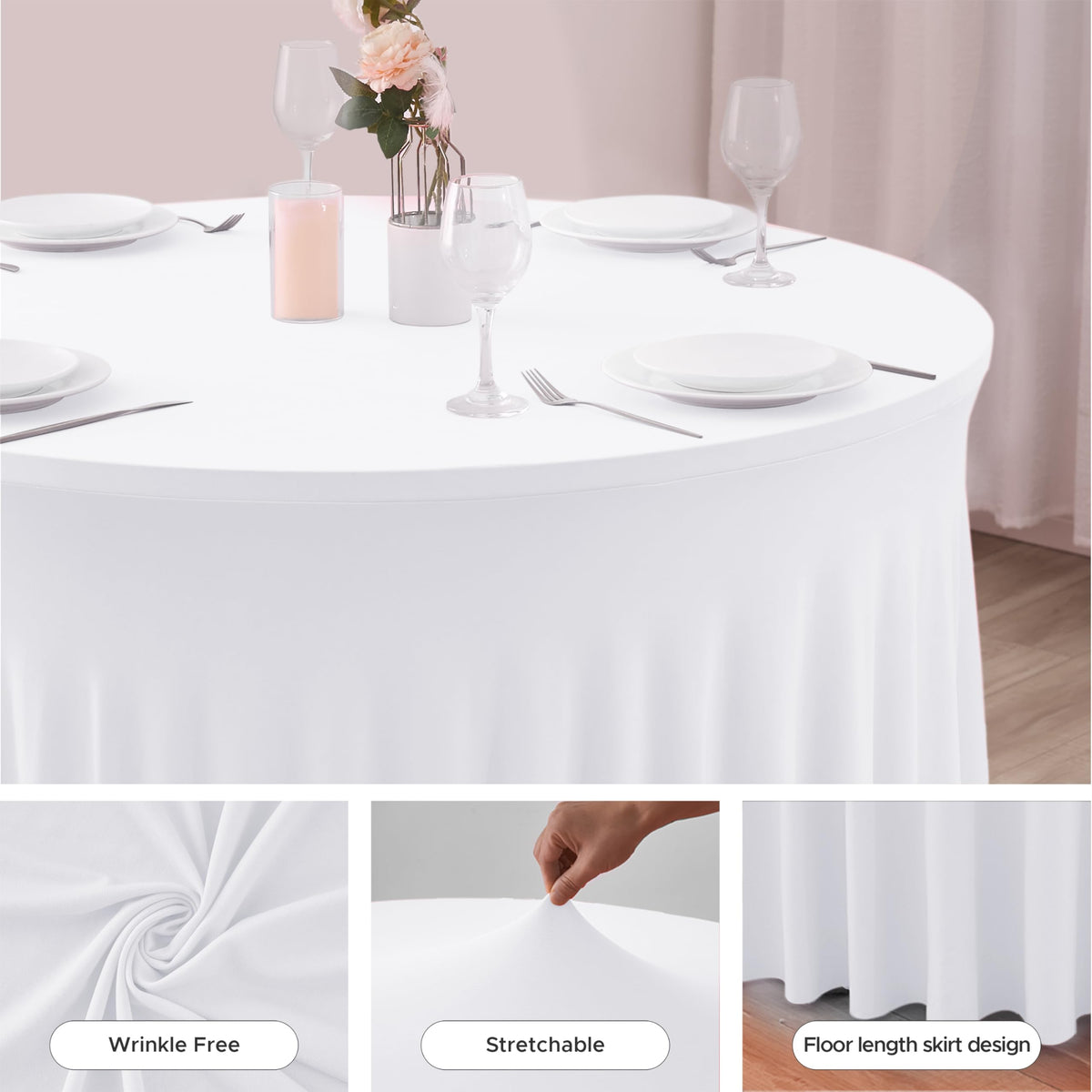 HolidayIdeas 60-inch round table skirt creates a clean, organized venue look.
