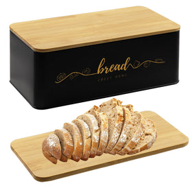 Holismo bread box front view shows a sleek metal body with a bamboo lid for freshness