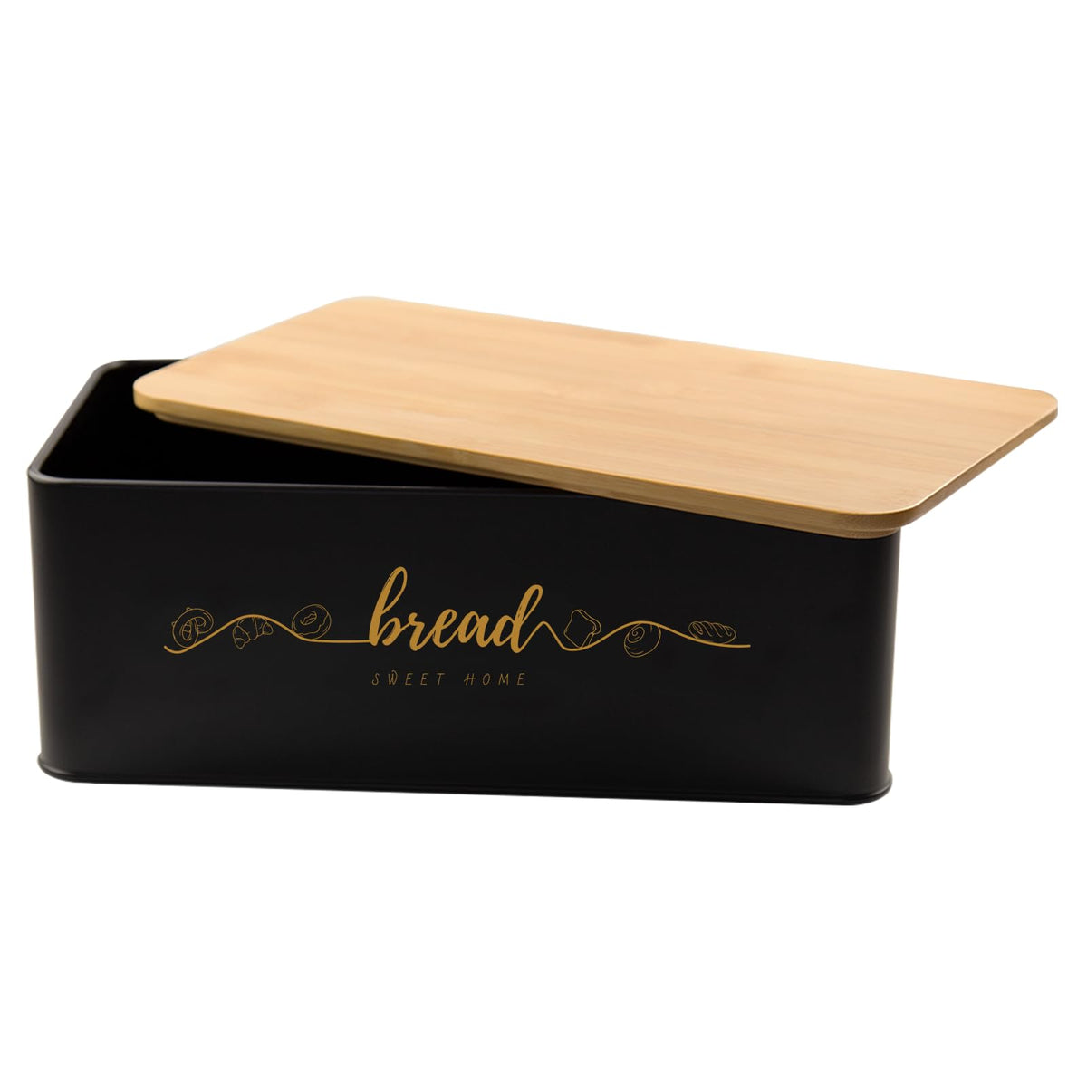 Holismo bread box lid-open view highlights bamboo surface for bread prep