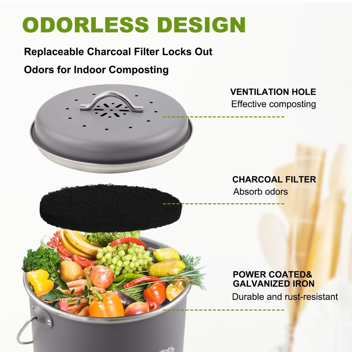 Holismo 5L capacity compost bin fits weekly scraps