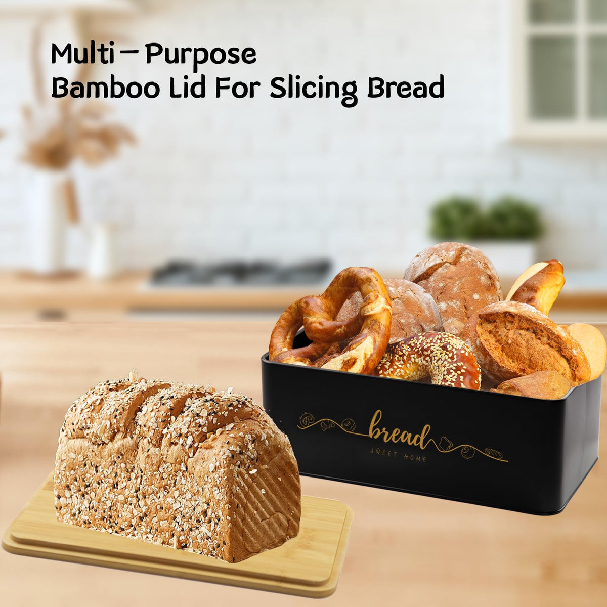 Holismo bread box on counter supports tidy storage of bread and produce
