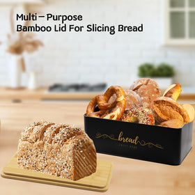 Holismo bread box on counter supports tidy storage of bread and produce