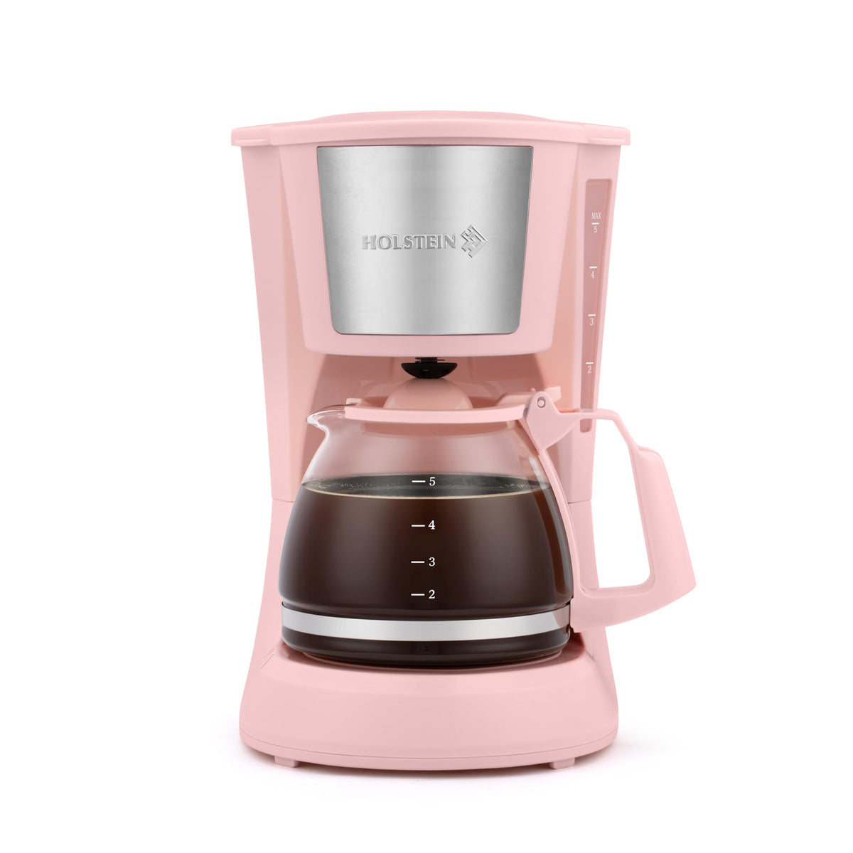 Holstein Housewares 5-cup drip coffee maker pink front view for small kitchens