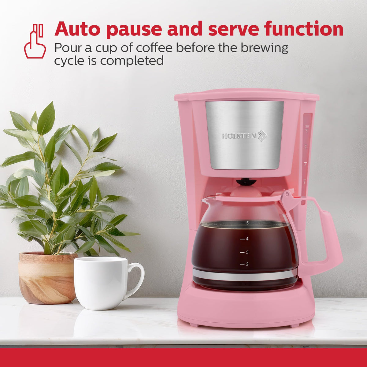 Holstein Housewares 5-cup coffee maker side view highlighting compact dorm or office setup