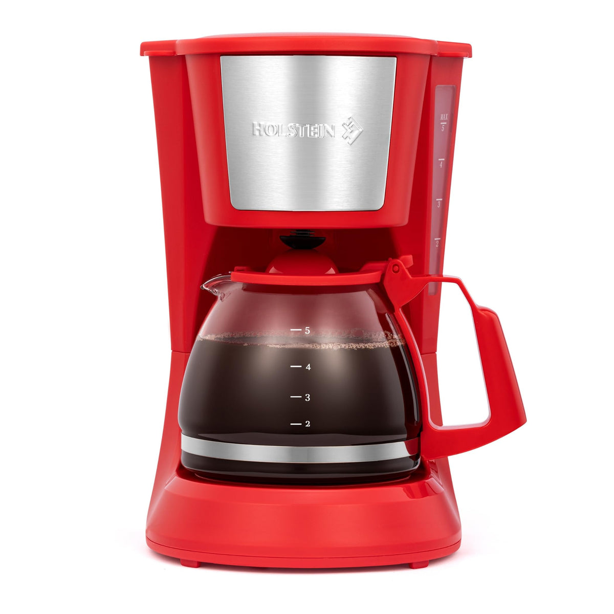 Holstein Housewares 5-Cup coffee maker compact silhouette brews quickly for small spaces.