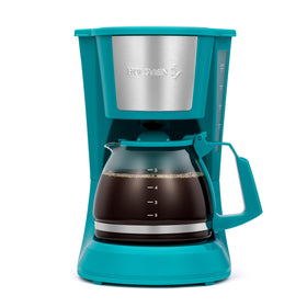 Holstein Housewares 5Cup coffee maker teal front view for compact kitchen use