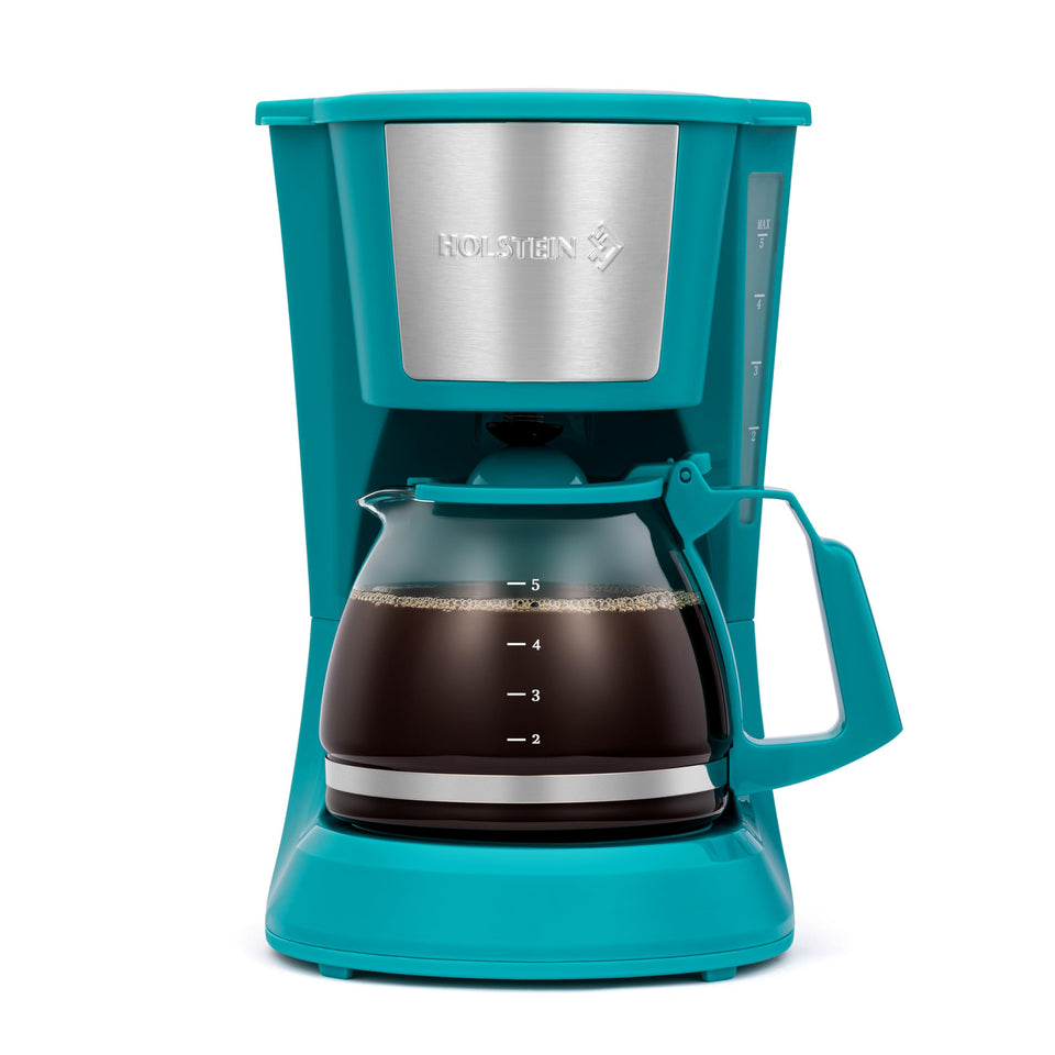 Holstein Housewares 5Cup coffee maker teal front view for compact kitchen use