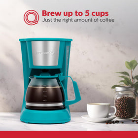 Holstein Housewares 5Cup teal coffee maker side panel showing space-saving design