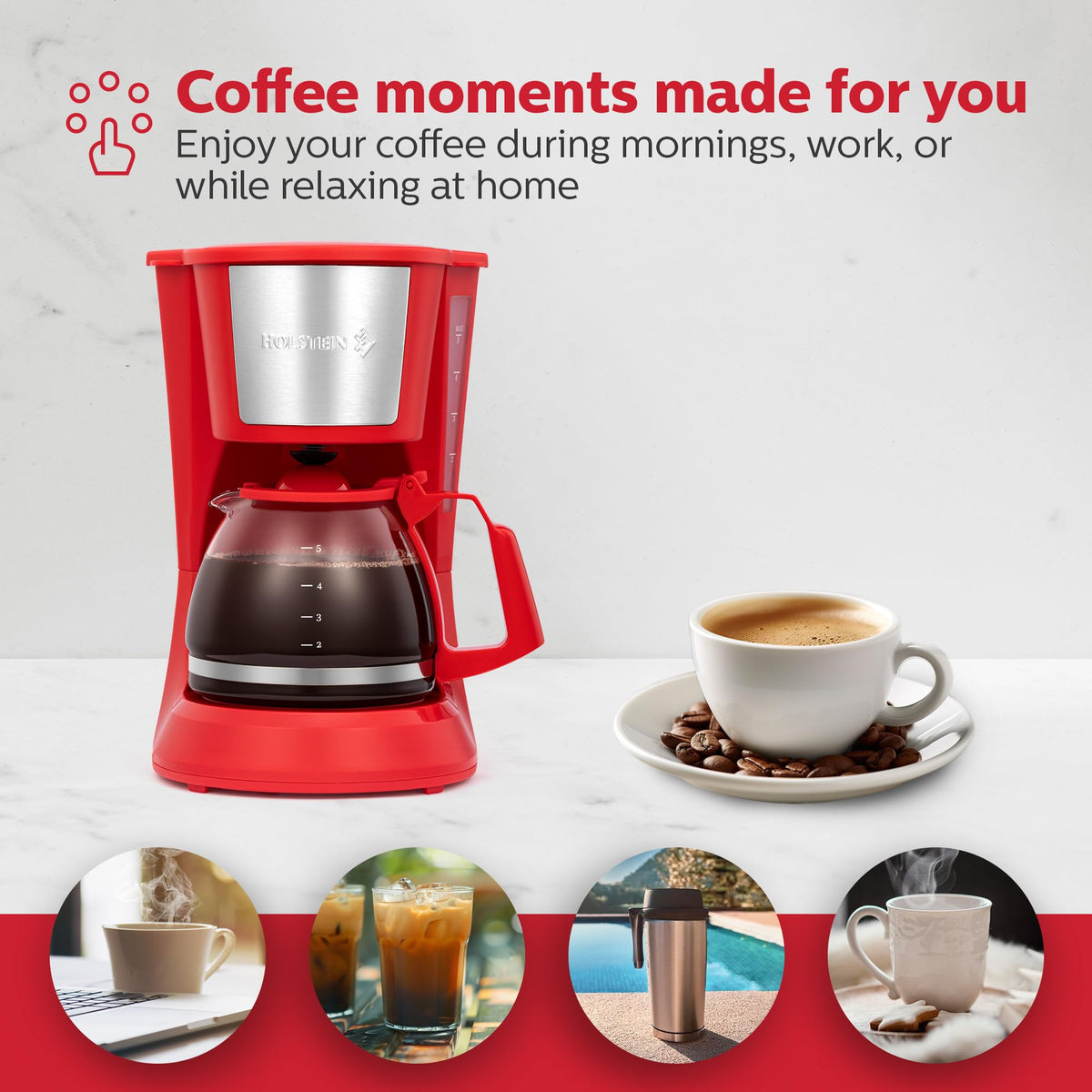 Holstein Housewares glass carafe with measuring spoon supports precise coffee ratios.