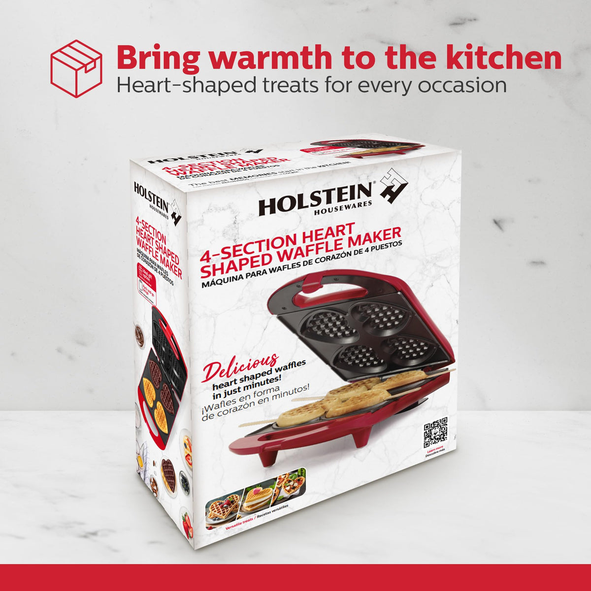 Holstein Housewares heart-waffle mold makes four waffles for family breakfasts.