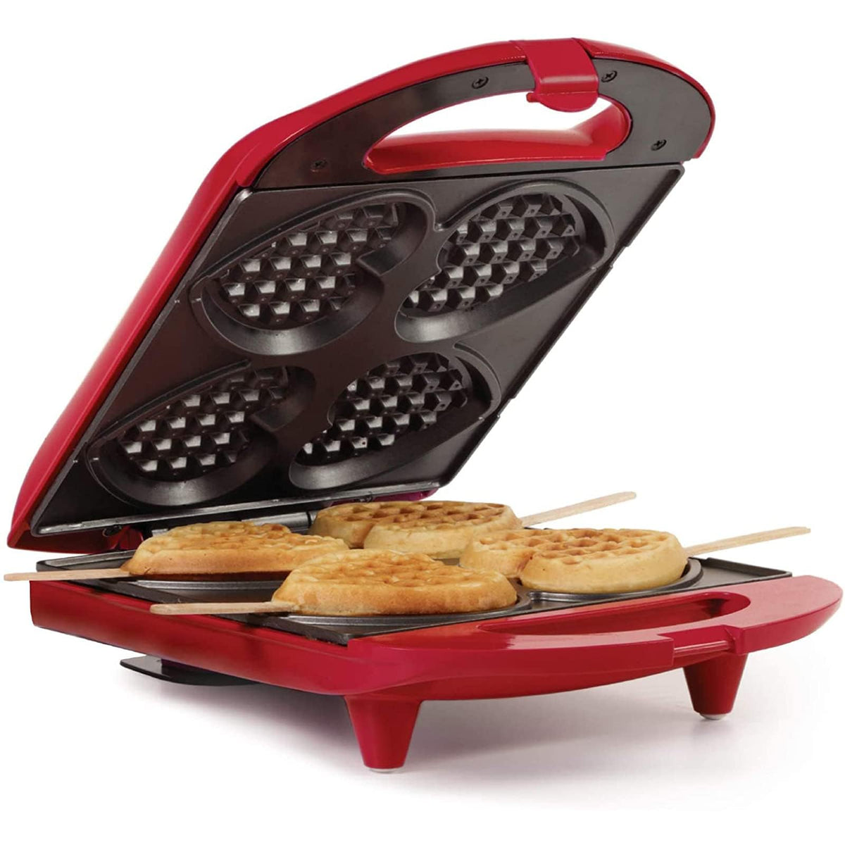 Holstein Housewares heart waffle maker with four heart molds for quick kid-friendly breakfasts.