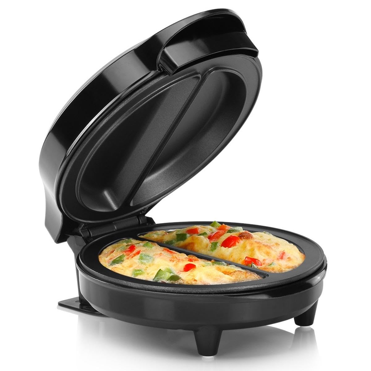Holstein Housewares omelet maker front view shows two portions for quick breakfast