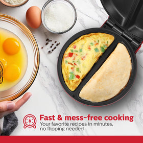 Holstein two-portion omelet maker ready for two different fillings, ideal for busy mornings.