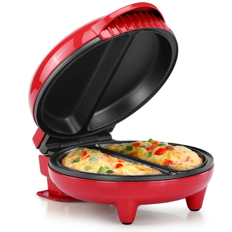 Holstein Housewares two-section omelet maker on counter showing compact design for quick breakfasts.