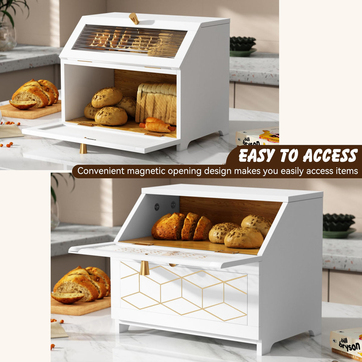 HOLTICO white bread box on a clean countertop display roomy storage
