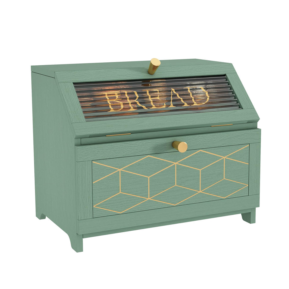 HOLTICO double-layer bread box front view in green with golden trim for fresh bread storage.