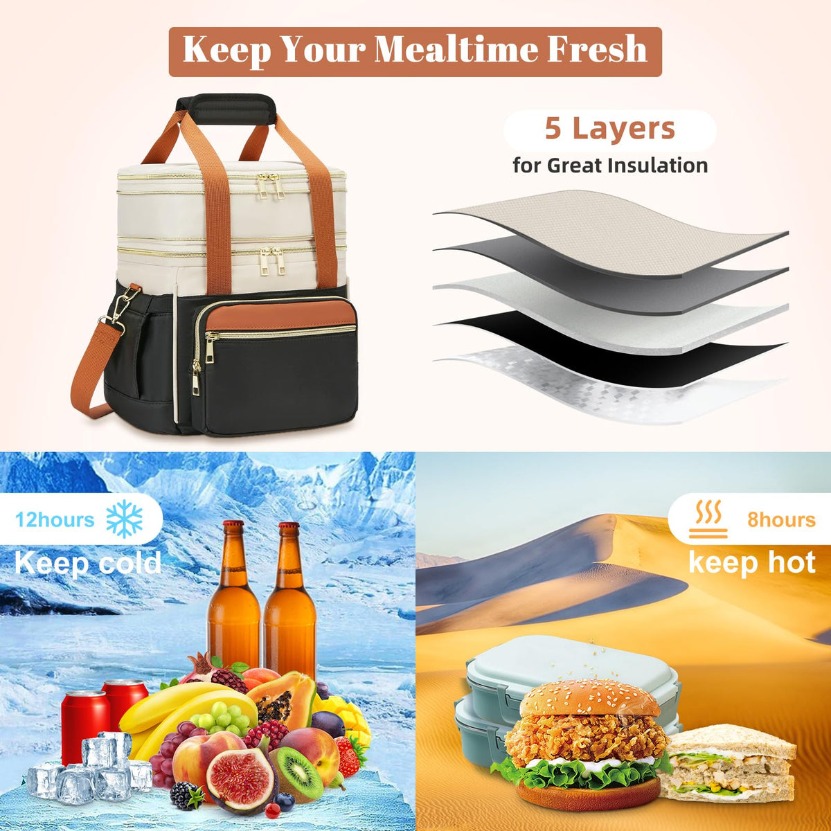 Holuxer insulated lunch bag with handle and strap for versatile wear.