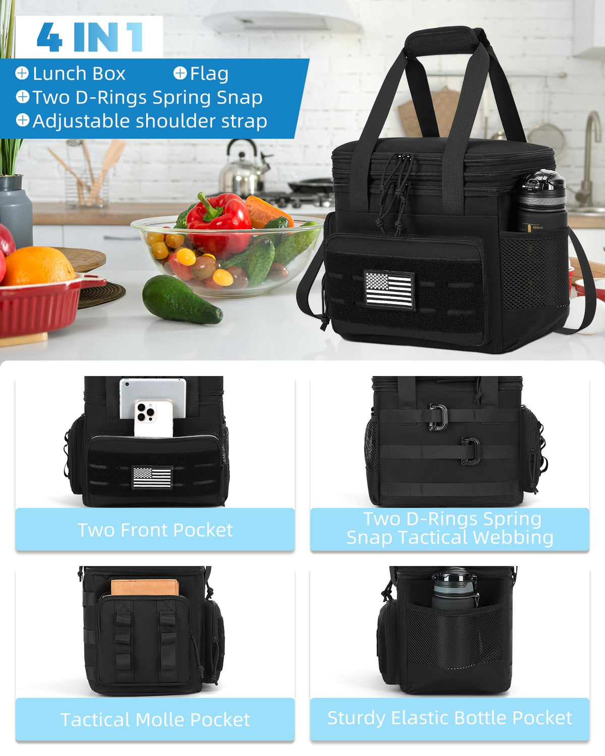 Holuxer Tactical Lunch Bag expandable capacity demonstrates extra room for bottles and snacks.