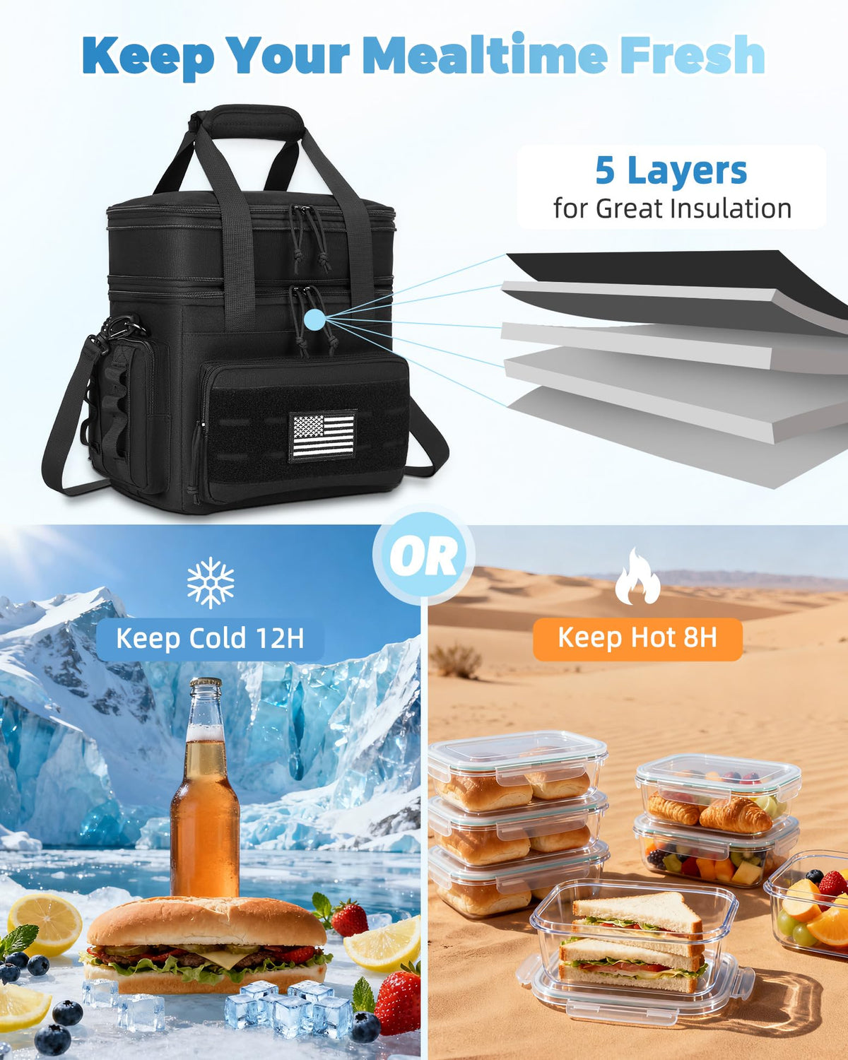 Holuxer Tactical Lunch Bag water-resistant exterior supports outdoor use.