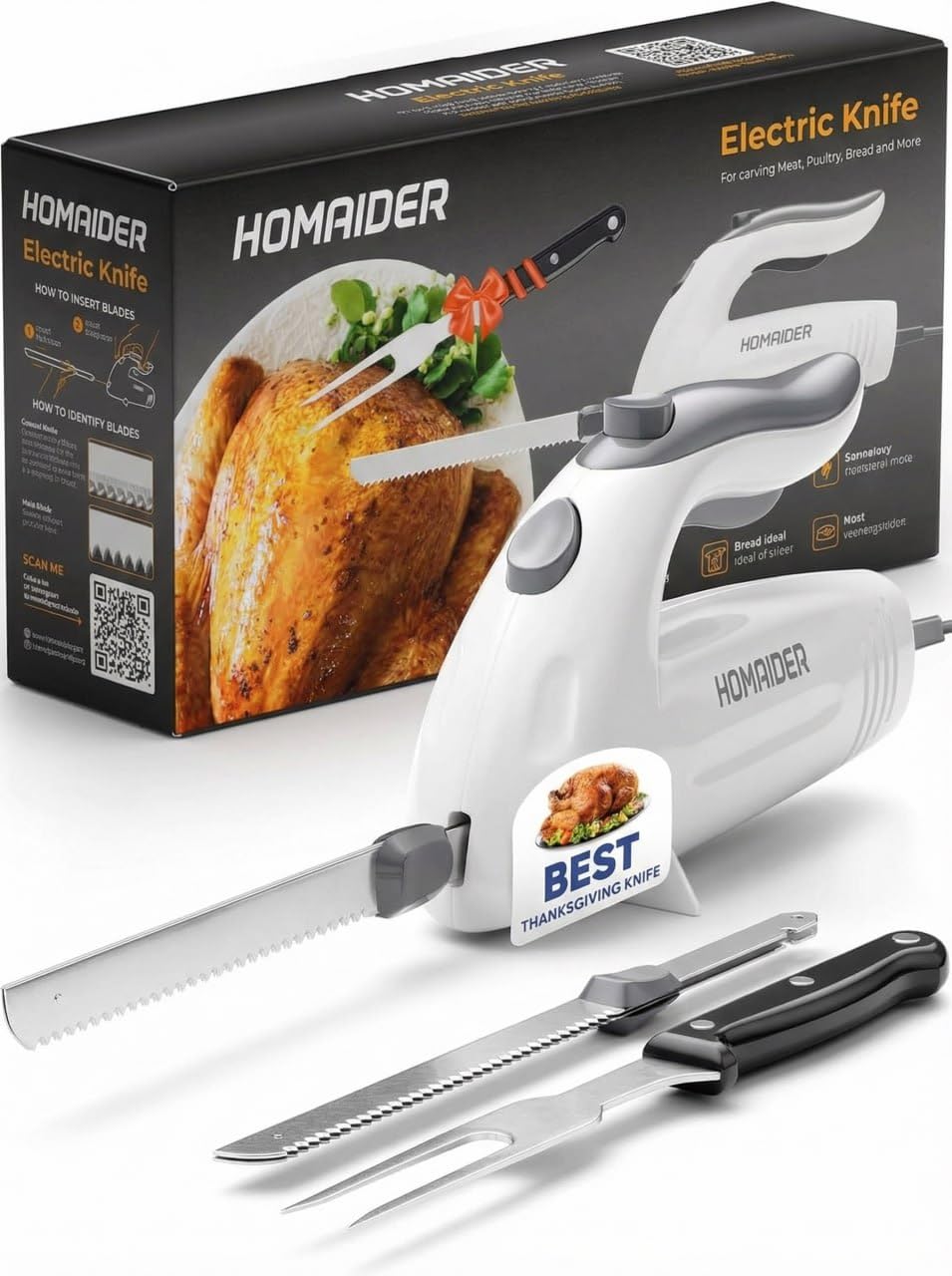 Homaider electric knife blade close-up for precise, effortless slicing.
