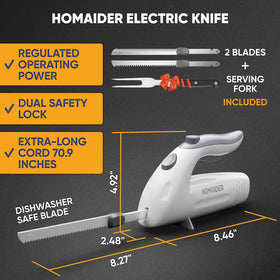 Homaider electric knife slices bread for even slices.
