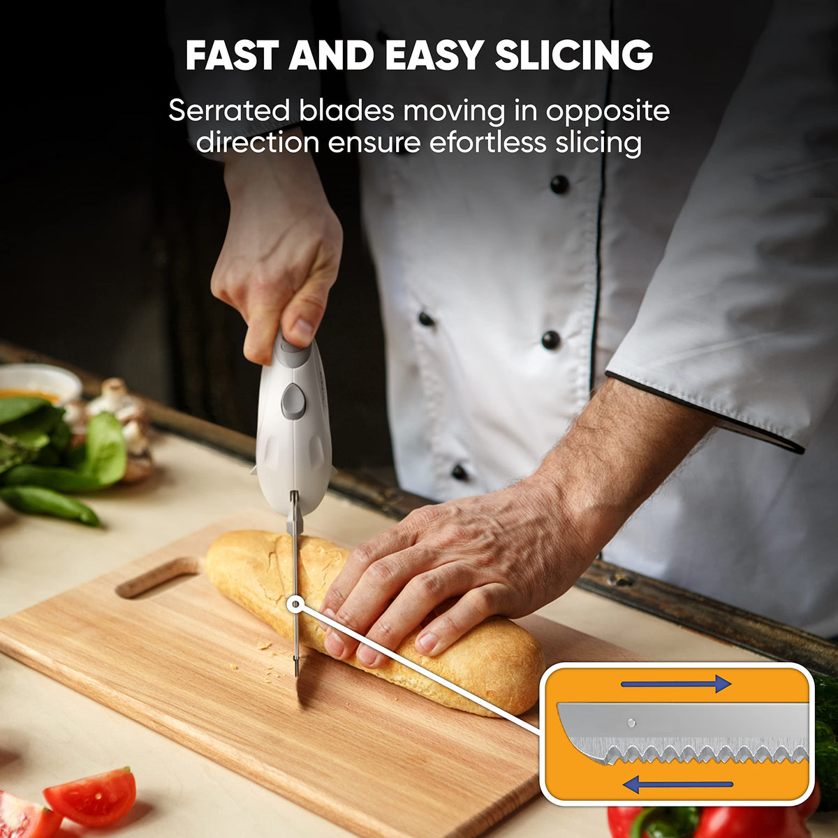 Homaider electric knife with serving fork included for table-side carving.